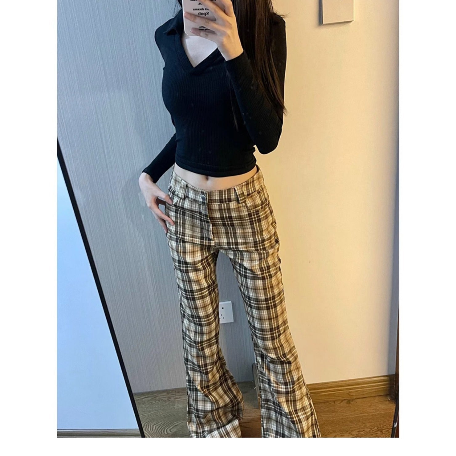 grunge outfits Micro Horn Plaid Sports Pants Women's New Autumn and Winter High Waist Slimming Slim Fit Hot Girl Horseshoe Casual Pants Mopping Pants