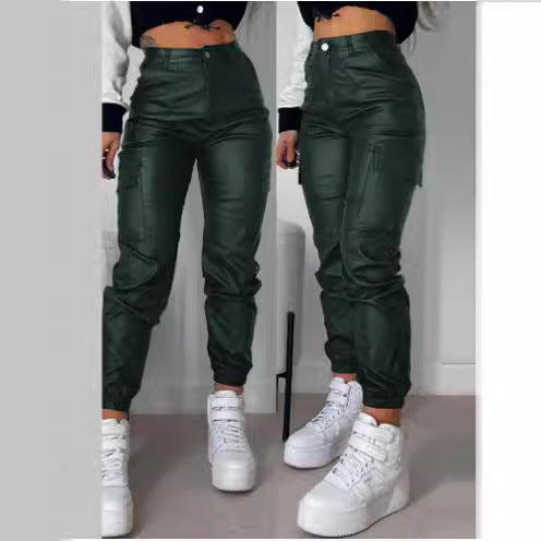 lookbook outfits Autumn and Summer Women's Motorcycle Zipper Pleated Pocket Fashion Pu Casual Patch Bag Tight Skinny Pants