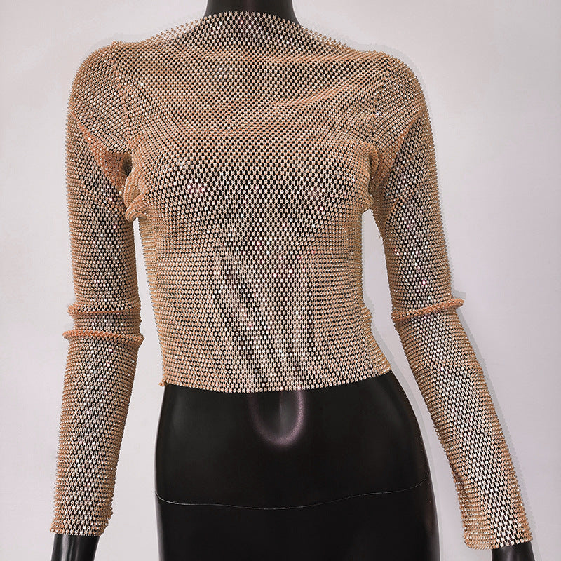 New Women's Fishing Net T-shirt off-Shoulder Long-Sleeved Top Mesh Flash Diamond Fishing Net Hot Girl Top for Women