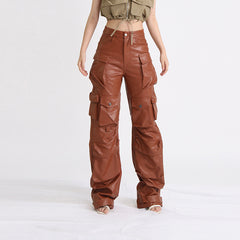 lookbook outfits Elegant High Waist Casual Leather Pants Spring New Fashion Design Stitching Pocket Loose Overalls for Women