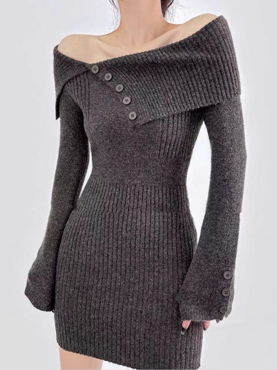 winter outfits women Sexy off-Shoulder Lapel Knitted Dress Autumn and Winter Women's Sweater Slim Hip Skirt