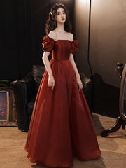 BXOXO A-Line Puff Sleeves Organza Burgundy Long Prom Dress, Burgundy Long Evening Dress