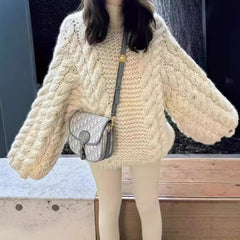 simple winter outfits Spring and Autumn Fashion Elegant round Neck Bell Sleeve Knitted Sweater Loose All-Match Top