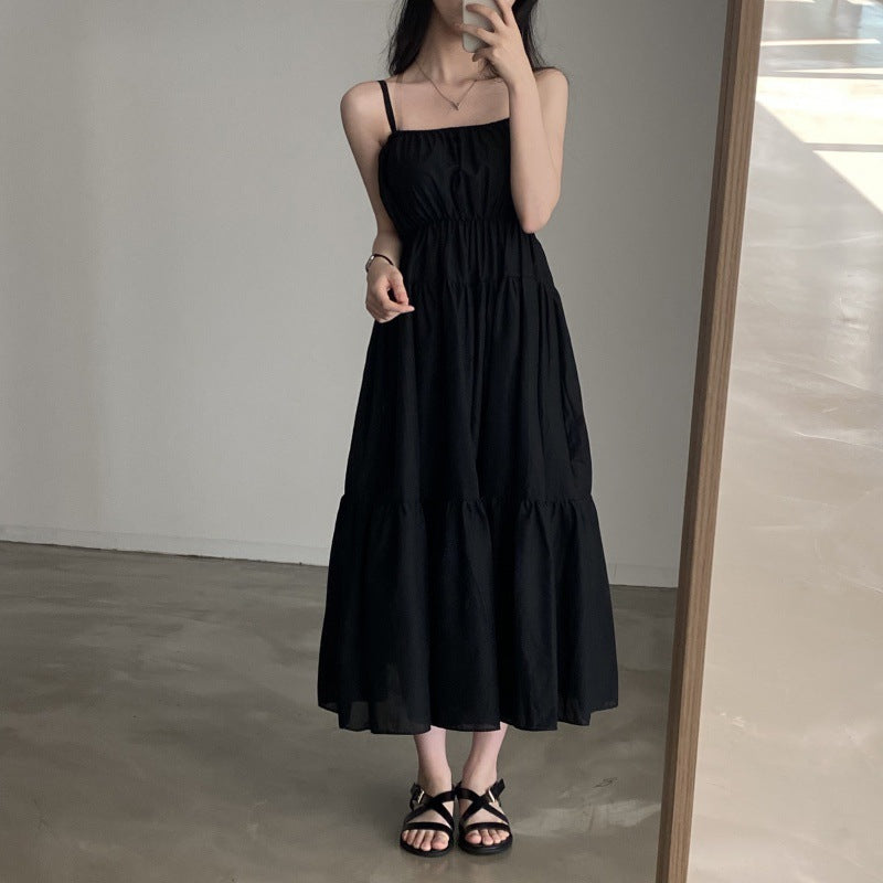 church outfit Chic Summer Holiday Style Suspender Skirt Simple Design Pleated Stitching Elastic Waist Solid Color Large Swing Dress
