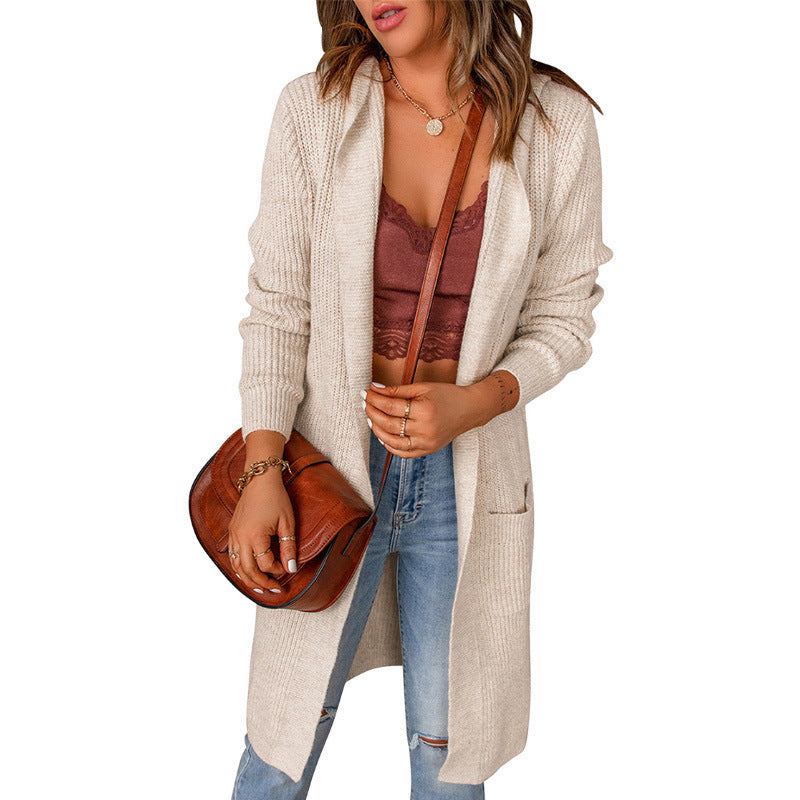 Fashion Autumn and Winter New Solid Color Hooded Coat Women's Mid-Length Shirt Long Sleeve Sweater