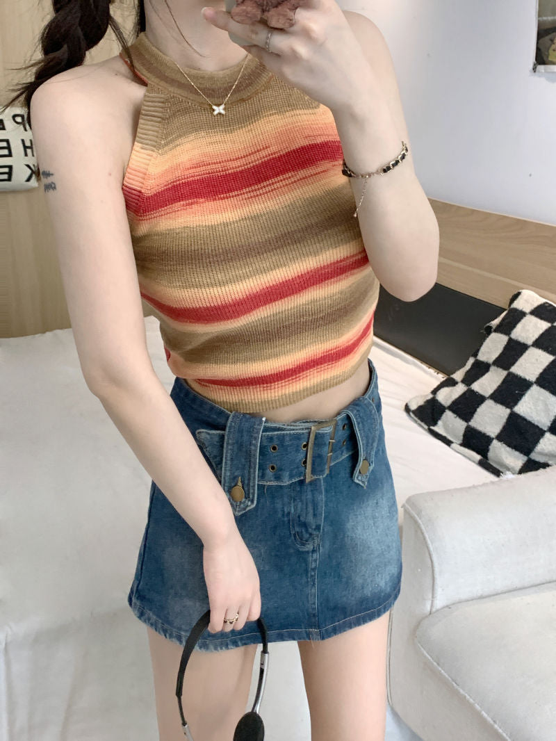 short mens haircut Retro Colorful Striped Halter Camisole Women's Summer Thin Tight Waist Slim Fit All-Match Sleeveless Top Fashion