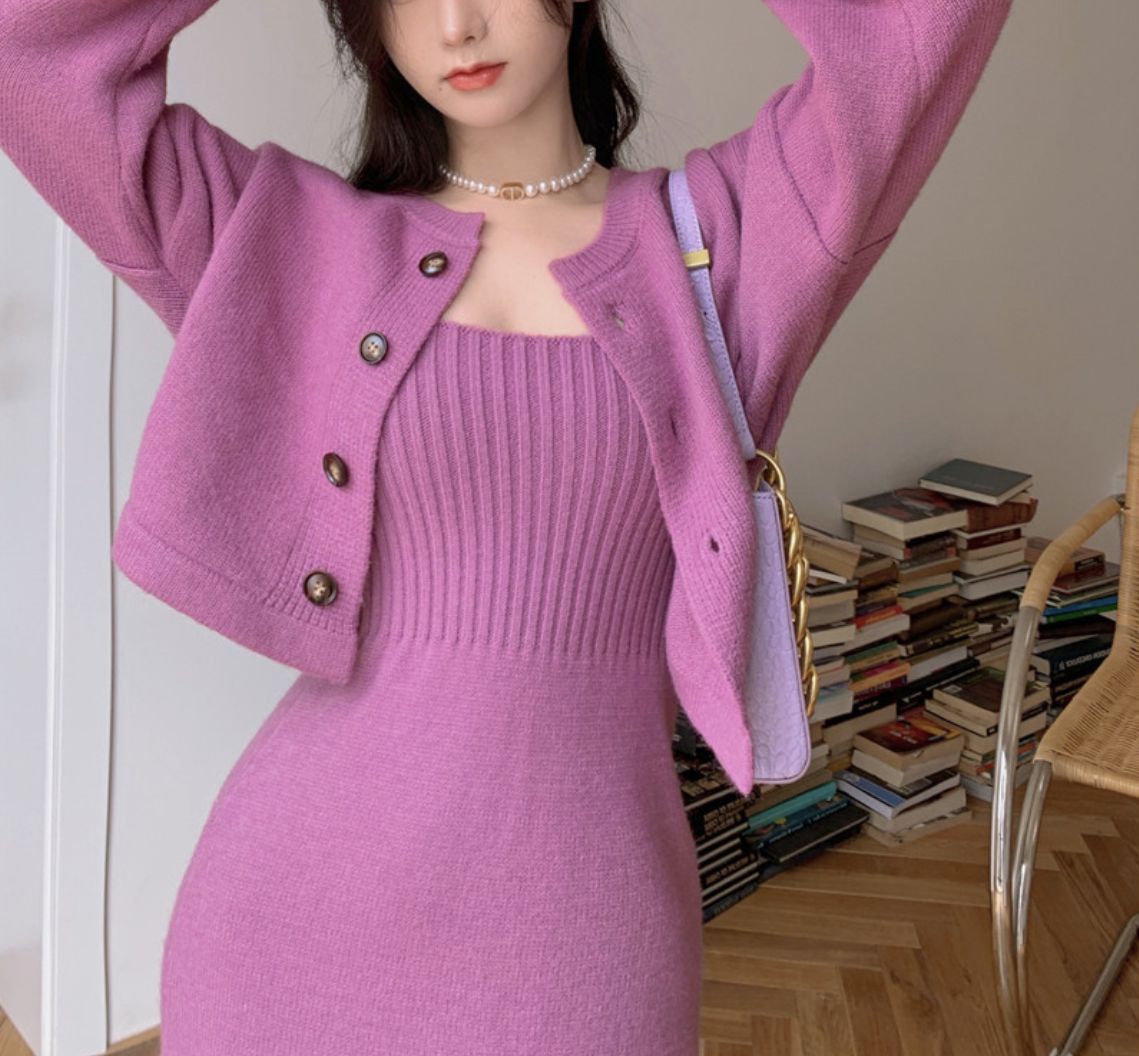 korean fashion Korean Style Chanel Style Knitted Cardigan Sweater for Women 2024 Autumn and Winter New Elegant Strap Dress Two-Piece Suit