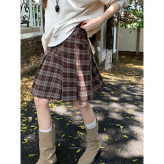 fashion outfits American Style Retro Brown Plaid Skirt Women's Autumn Korean Style High Waist Slimming Sweet Spicy A- line Pleated Short Skirt