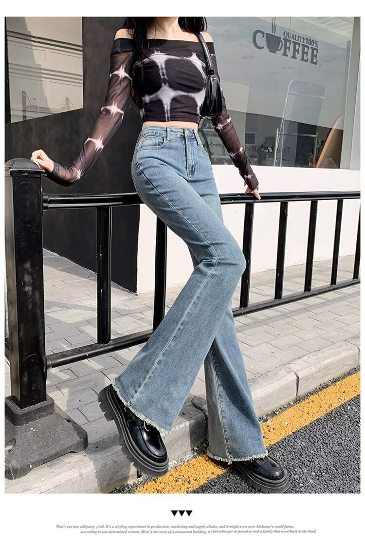 fall outfits women Spring and Autumn Retro Blue Micro Flared Pants Women's High Waist Slimming Wide Leg American Hot Girl Frayed Horseshoe Pants Autumn Stretch Pants