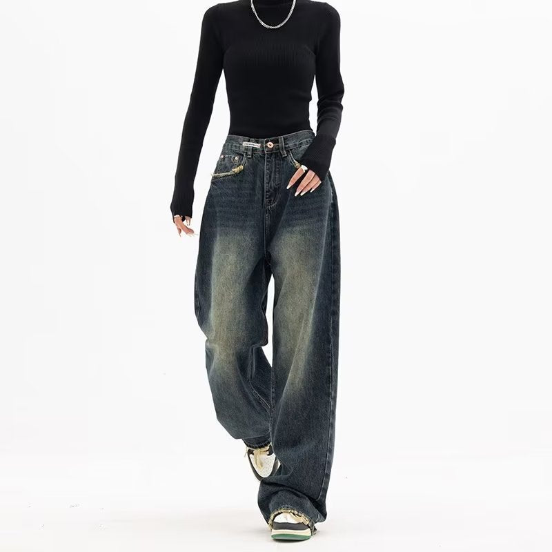 2000s fashion Harajuku Fashion High Waist Women's Spring and Autumn New All-Match Zipper Light Color Washed Trendy Jeans Simple Straight Pants