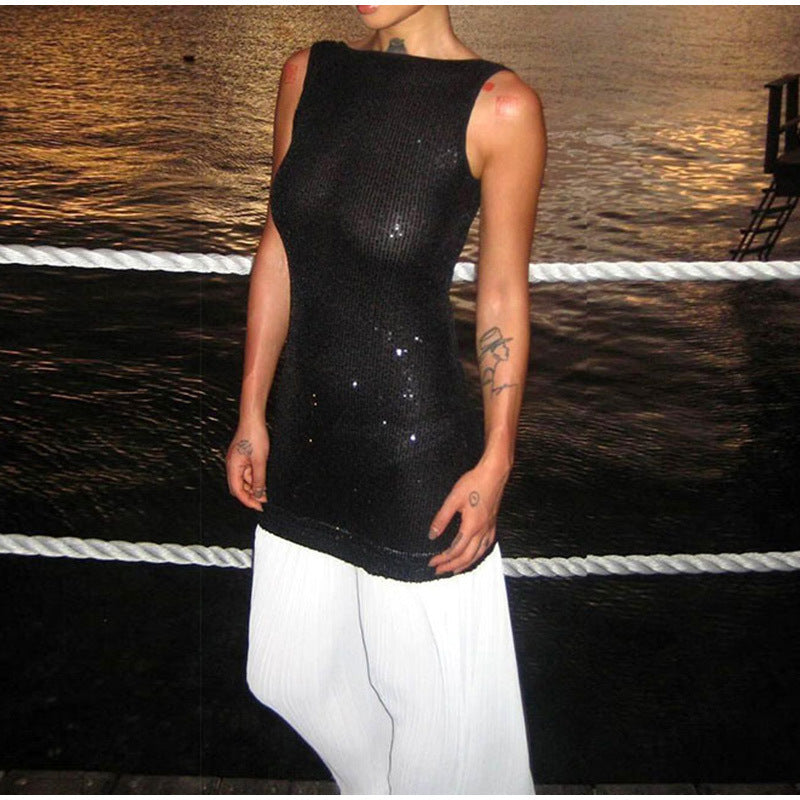 frat outfits Sleeveless Backless Sequined Stitching Color Block Maxi Dress Fashion Women Party Elegant Maxi Dress