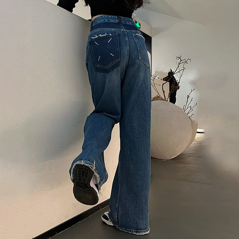 outfit ideas for school Women's Wide-Leg Jeans Autumn New Loose High Waist Draping Versatile Mopping Pants Pocket Dark Blue Straight Pants