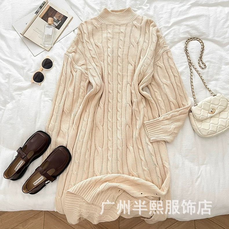 long sweater dress outfit Lazy Style Thick Twist over-the-Knee Sweater Dress Women's Winter Mid-Length round Neck Thickened Knitted Dress