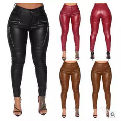 casual dinner outfit fall Fashionable Personalized Tight Casual Pants Women's Zipper Mid-Waist Leather Pants with Pockets Pu New Elastic Pencil Pants