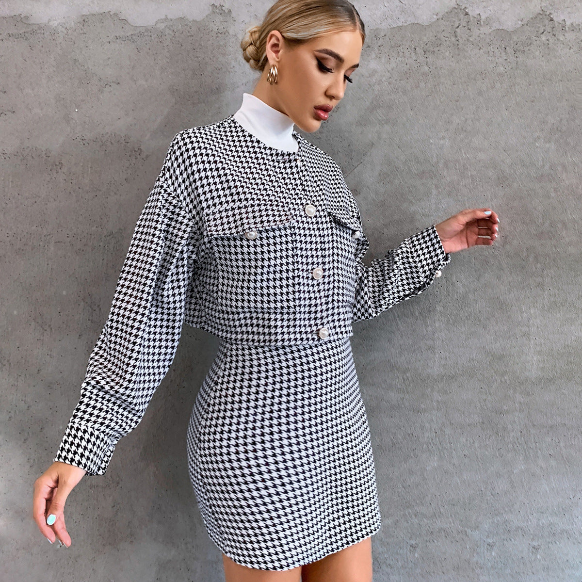 fashion outfits Casual Fashion Suit Short Long Sleeve Single-Breasted Top High Waist Hip Skirt Sports Two-Piece Set