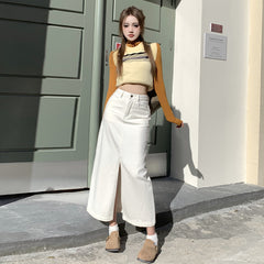 outfit Creamy-white Front Slit Denim Skirt Women's Early Spring High Waist Loose A- line Mid-Length Hip Skirt