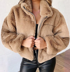 Women's Autumn and Winter Rabbit Fur Faux Fur Zipper Cardigan Plush Warm Coat