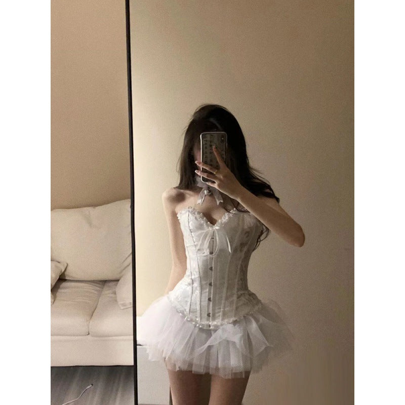 dress Sweet Cool Hot Girl Fishbone Floral Camisole Women's Summer Suit Mesh Skirt Fluffy Skirt