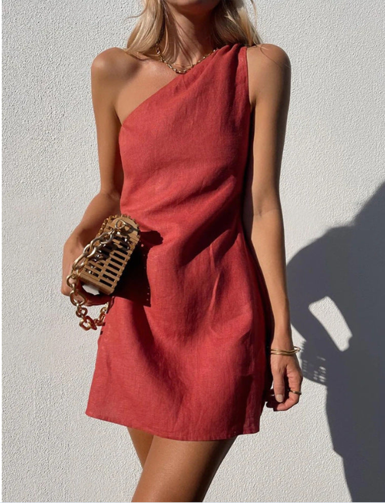 casual summer outfits Wishl New Women's Clothing New Solid Color Slim Temperament Commuter Shoulder Dress