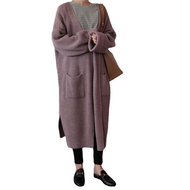 fall outfits Retro Mid-Length Curling Solid Color Lazy Loose Knitted Long-Sleeved Sweater Coat for Women