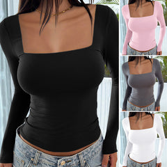 casual outfits Spring and Summer Y2K New Square Collar Long Sleeve Pullover Tight Casual Fashion Top for Women