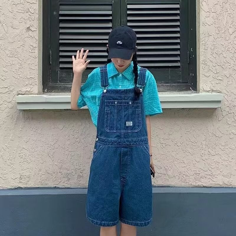 Loose Blue Denim Suspender Pants Women's Spring Girlfriends Wear Wide Leg Shorts Slimming Age-Reducing One-Piece Pants