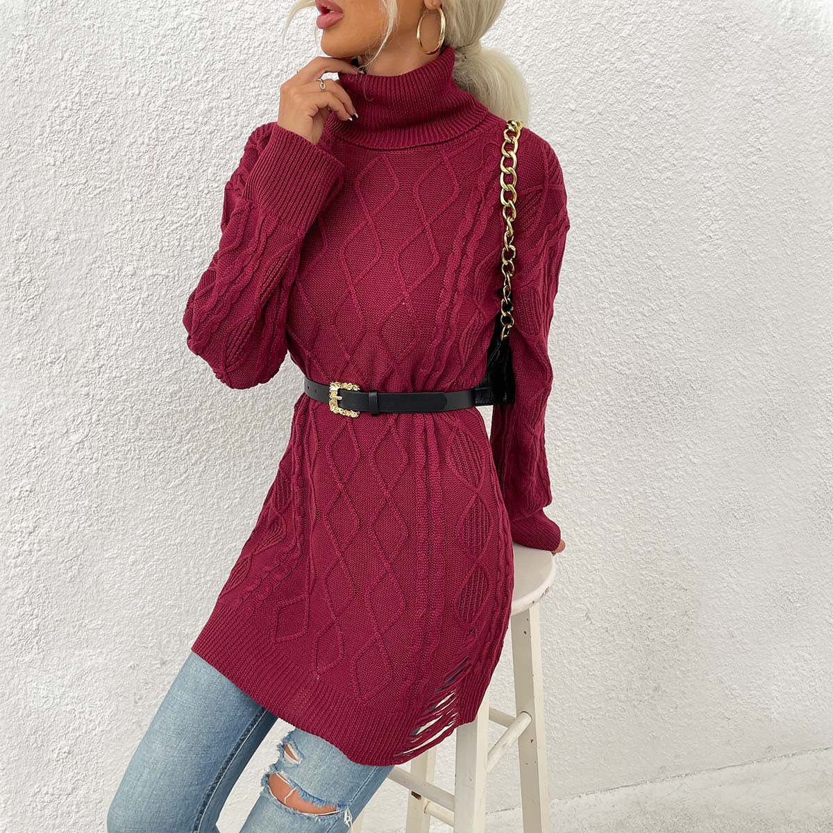 tailgate outfit black women Women's Sweater Sweater Thick Line Rhombus Woven Sweater Dress Personality Solid Color
