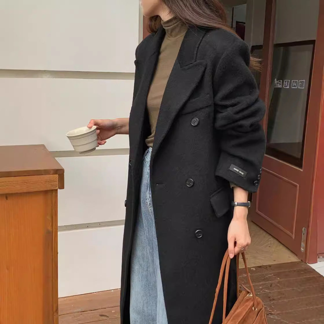 leapord halloween outfit Korean Style Shoulder Tight Waist Hand Sewing Double-Sided Wool Coat Long