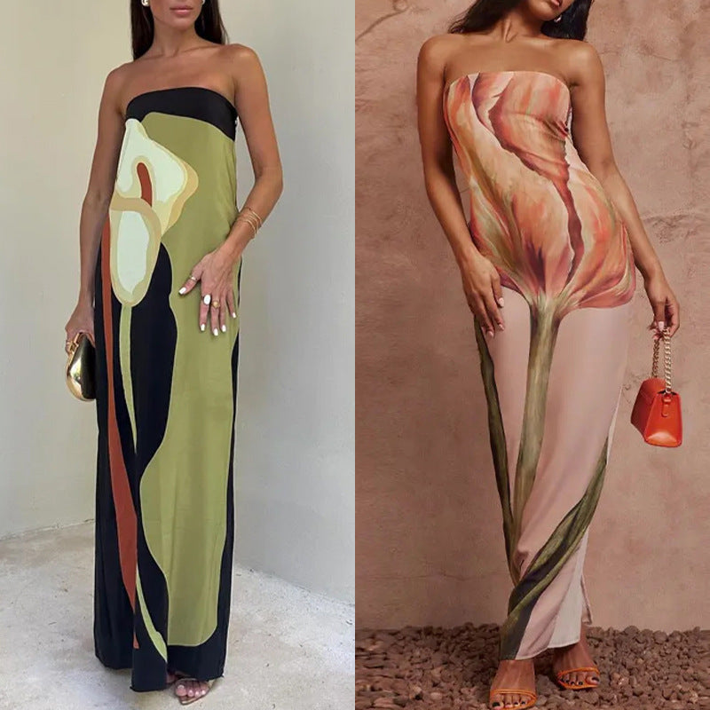 decades dti Summer New Women's Clothing Fashion Sleeveless off-Shoulder Avant-Garde Sexy Backless Print Dress