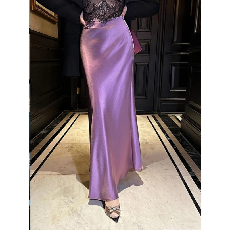 business casual outfits French Ice Silk Mid-Length Satin Skirt Women's 2024 Summer Pear-Shaped High Waist A- line Acetate Fishtail Skirt