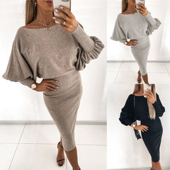 black sweater dress outfit Autumn and Winter Women's Batwing Sleeve Knitted Solid Color Dress