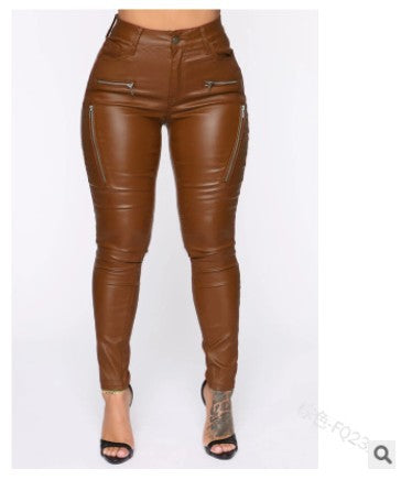 casual dinner outfit fall Fashionable Personalized Tight Casual Pants Women's Zipper Mid-Waist Leather Pants with Pockets Pu New Elastic Pencil Pants