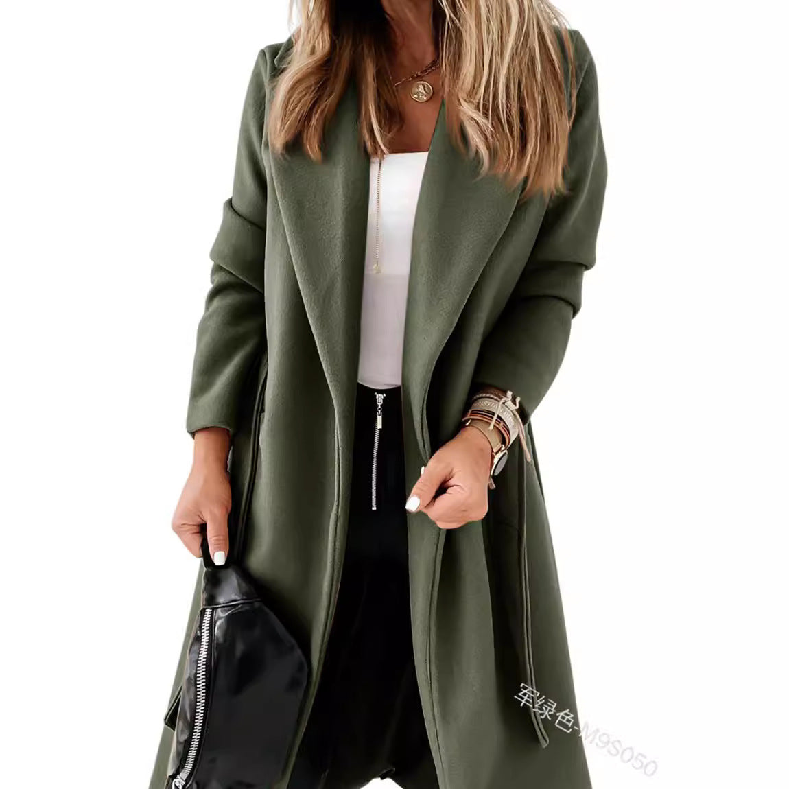 business casual outfits 2024 Autumn and Winter New Extended Woolen Women's Coat plus Size Lace-up Coat