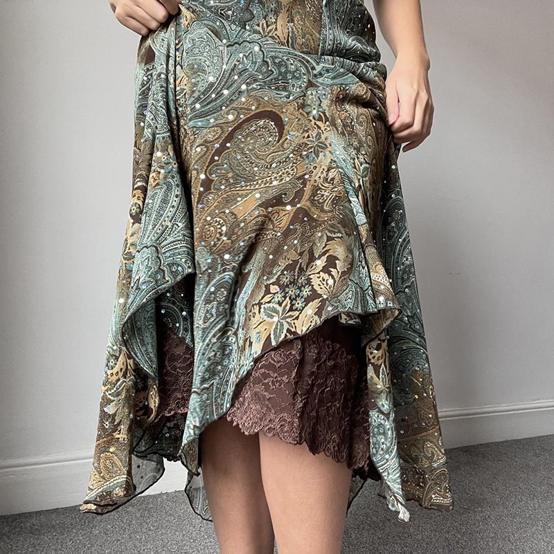 hoco outfits for guys Women's Retro American Style Contrast Color Pattern Irregular Skirt Double-Layer Stitching Design Long Skirt