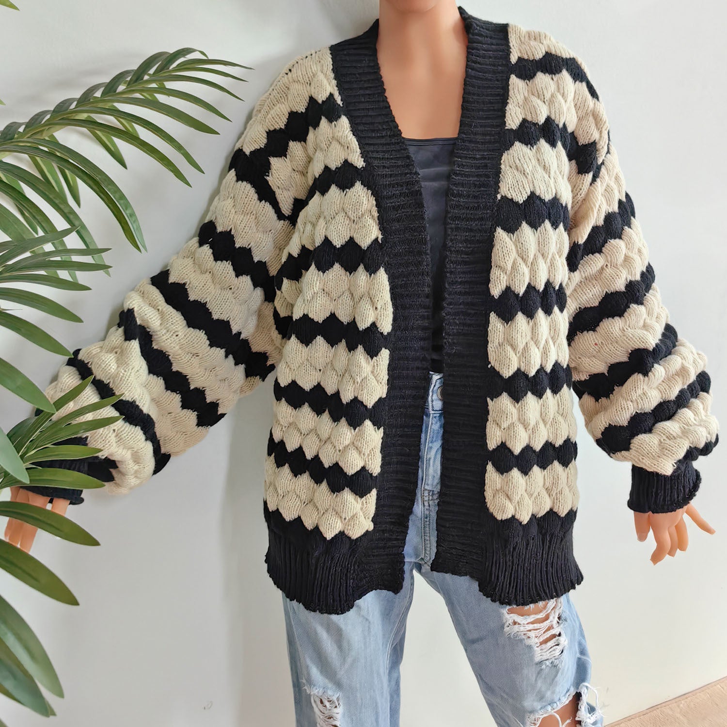 sambas outfits Women's Sweater Coat Women's Pineapple Three-Dimensional Contrast Color Stitching Striped Sweater Cardigan