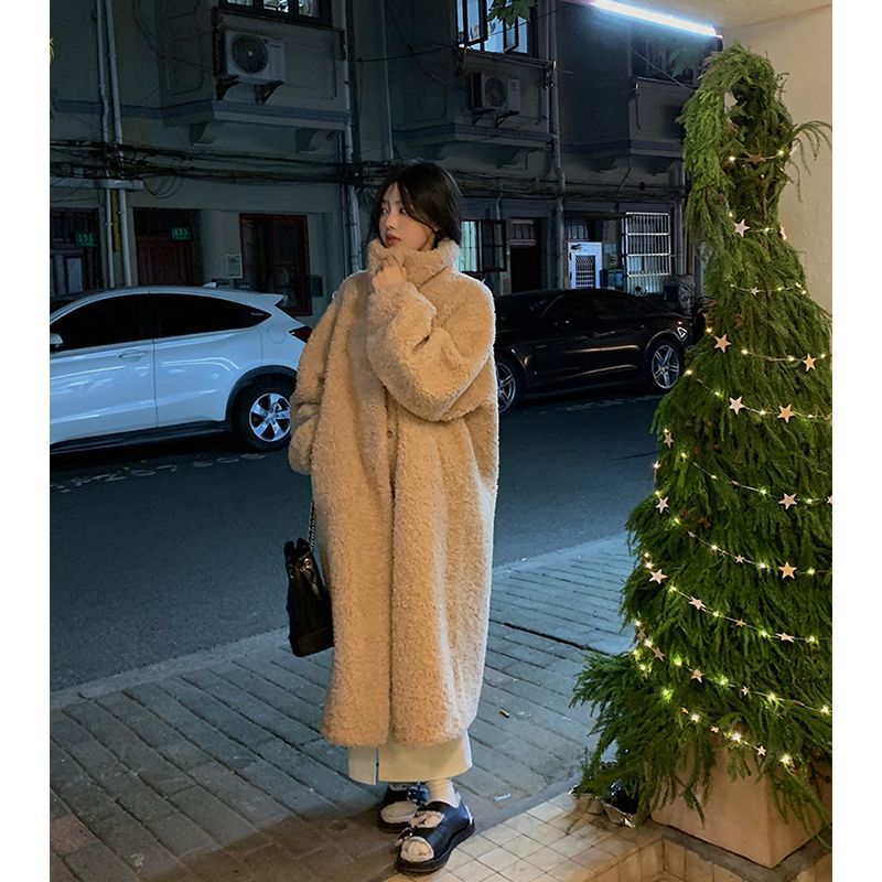 simple winter outfits Maillard Small Teddy Wool Stand Collar Coat Long Cashmere Lamb Fur Coat Thickened Loose