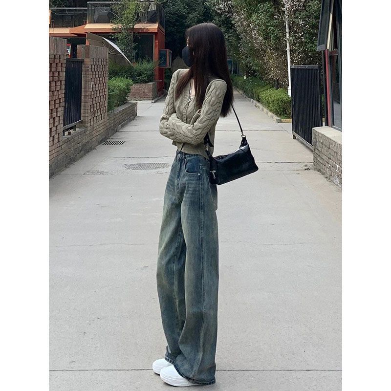 90s streetwear Women's American-Style Wide-Leg Jeans Autumn New Retro High Waist Loose Slimming All-Match Straight Mop Pants