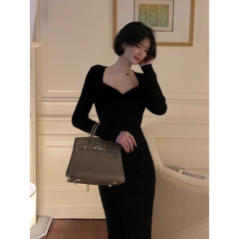 2000s fashion Gentle Hepburn Style Square Collar Knitted Dress Women's Autumn and Winter New Style with Overcoat Slim Fit Slimming Inner Sweater Dress