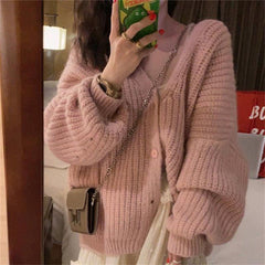 fall outfits women Gentle Pink V-neck Sweater Cardigan Women's Loose Sweet Knitted Lazy Style Coat