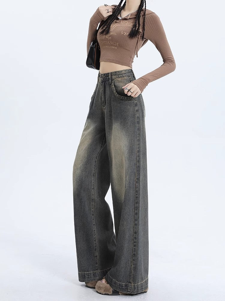 going out outfits Retro Washed Wide-Leg Jeans Women's Early Autumn New High Waist American Straight Lazy Loose Summer Mopping Pants