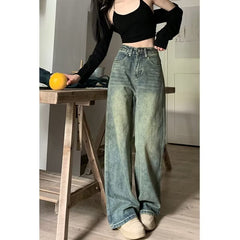 outfit inspo Light Color Washed Distressed Straight Jeans Women's Autumn American High Street Small High Waist Loose Mop Wide Leg Pants