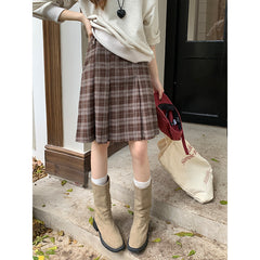 fashion outfits American Style Retro Brown Plaid Skirt Women's Autumn Korean Style High Waist Slimming Sweet Spicy A- line Pleated Short Skirt