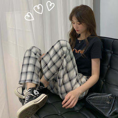 comfy school outfits Korean Style Spring and Summer New Hong Kong Style Chic Retro Light Casual Royal Sister Elegant Western Style Plaid Wide-Leg Pants Fashion