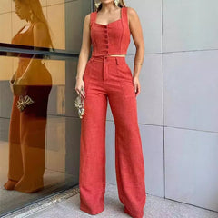 fall outfits aesthetic Women's Fashion Elegant Casual Sleeveless Button Solid Color Two-Piece Set