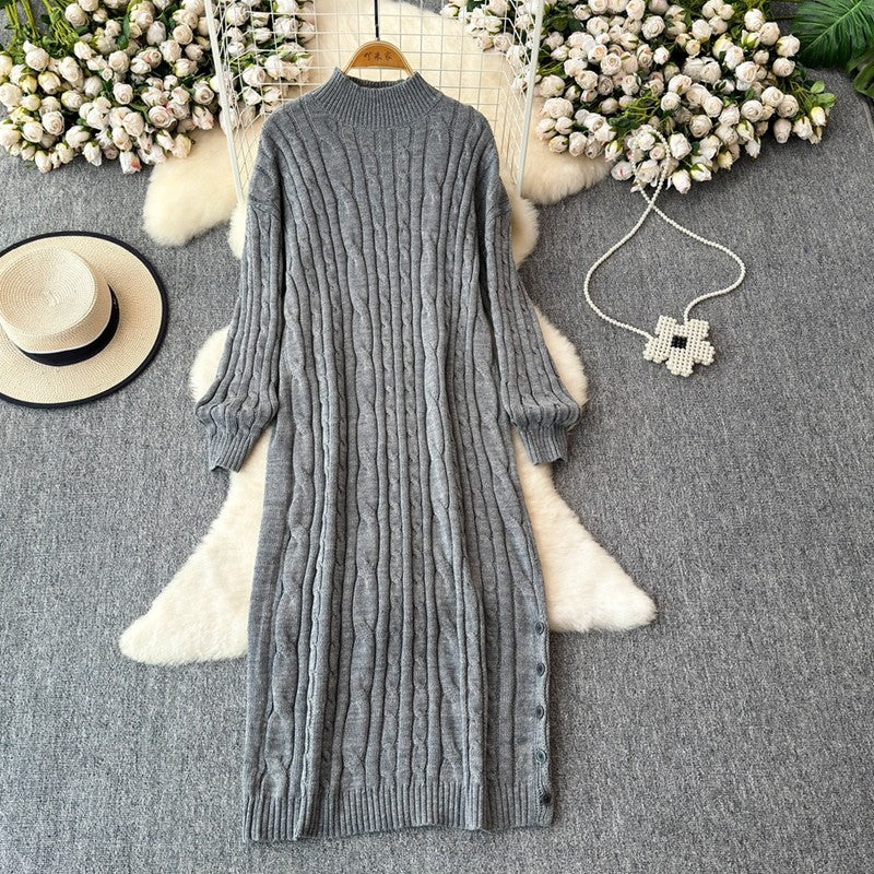 long sweater dress outfit Autumn and Winter Korean Style Loose Lazy Style Mid-Length Knitted Dress Women's Half Turtleneck Twist Sweater Skirt Fashion