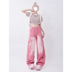 going out outfits High Street Niche Cute Pink Straight Jeans Women's Spring and Summer High Waist Slimming Draping Loose Wide Leg Pants