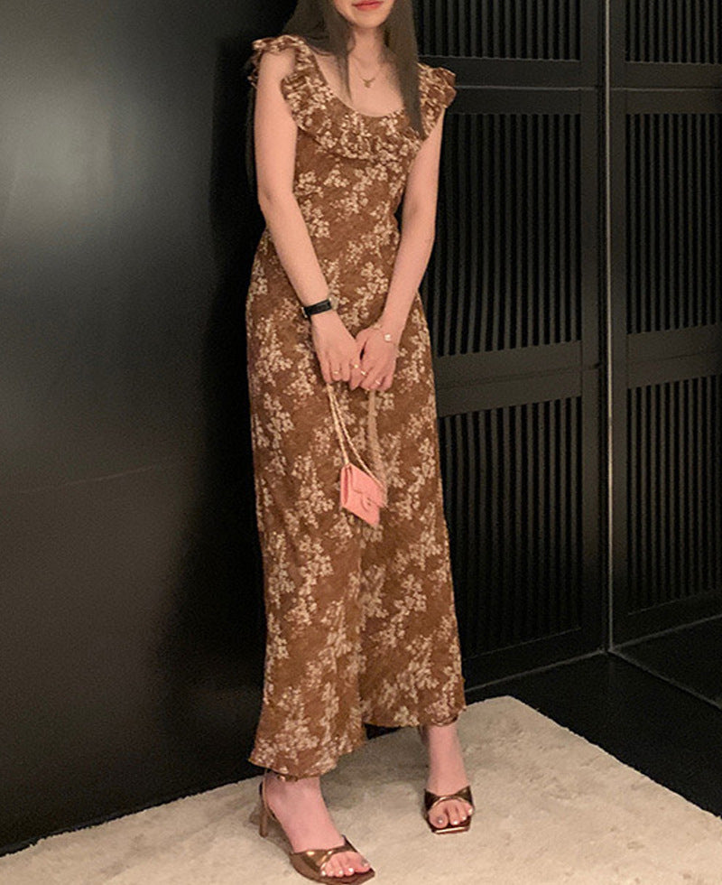 dresses French Retro Floral Chiffon Dress Women's Summer Slimming Ruffled Bell Sleeve Long Dress