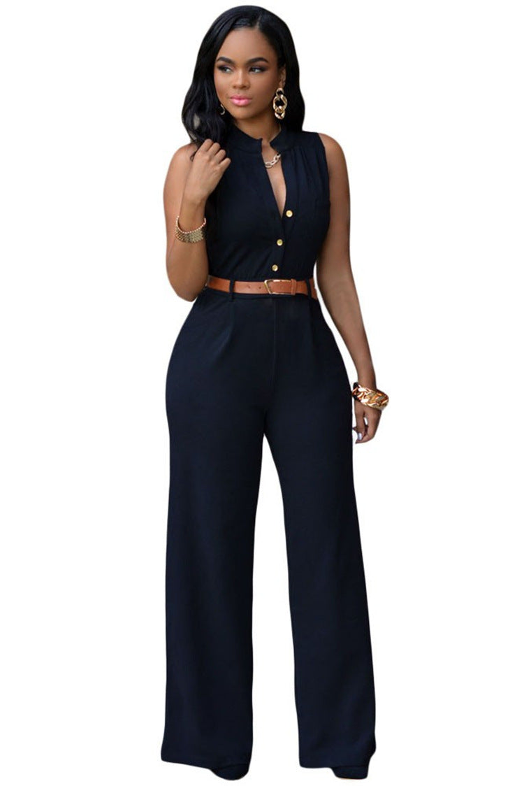 business casual Sexy Stand Collar Women's Jumpsuit Single-Breasted High Waist Hip Lifting Wide Leg Pants with Belt