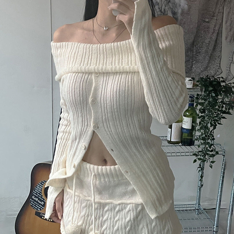 simple winter outfits Millennium Hot Girl White Moonlight Split Breasted Flip off-Shoulder Long Sleeve Top Lazy Style Slimming Sweater