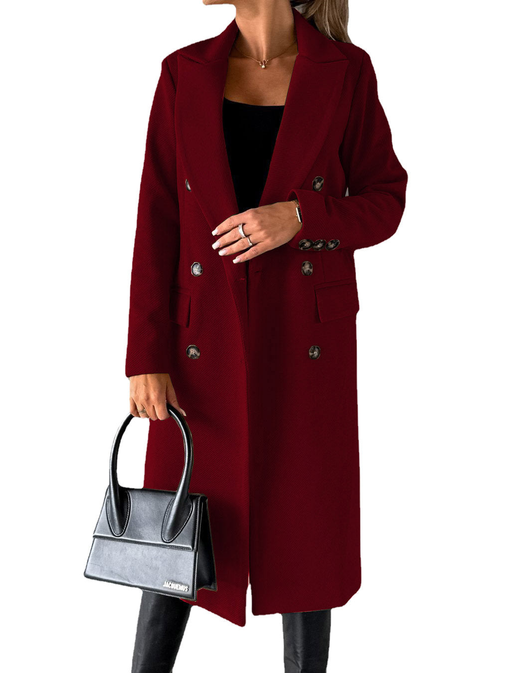 Autumn and Winter New Women's Long-Sleeved Lapel Solid Color Double-Breasted Slim Jacket Coat